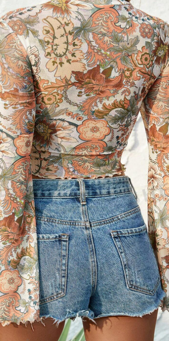 Top-Sheer Floral Long Sleeve Crop